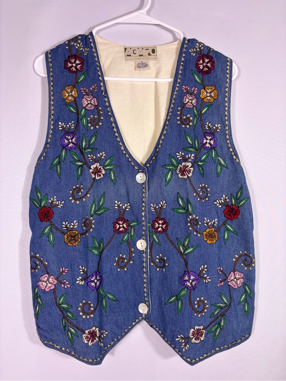Vintage Agapo Collection Embroidered Floral Denim Vest Boho 90s Small